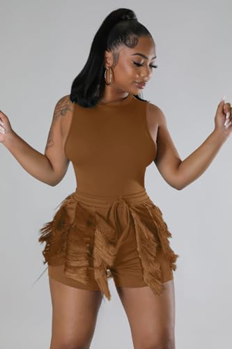 Two Piece Outfits for Women Casual Solid Sleeveless One Piece Tank Tops Fringe Pants Drawstring Shorts Jumpsuits3