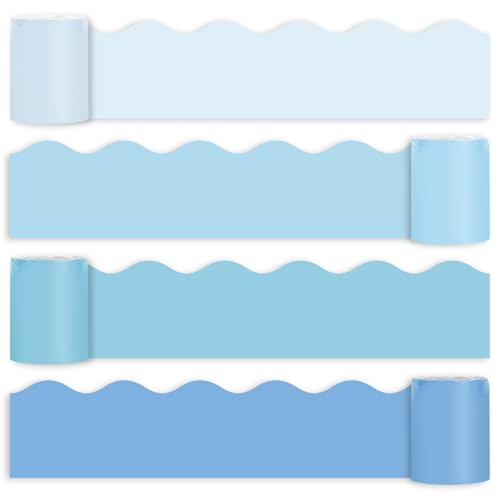 Image of Whaline 65.6 Ft Summer Baby Blue Scalloped Bulletin Board Borders 4 Rolls Gradient Blue Die-Cut Board Trim for Back to School Classroom Office Chalkboard