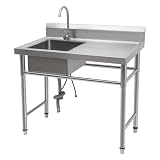Lavabo da cucina in acciaio inox, 100 x 60 x 93 cm, 201, portata 200 kg, autoportante a sinistra, con miscelatore a 360°, piano di lavoro per lavanderia, gastro negozio, ristorante
