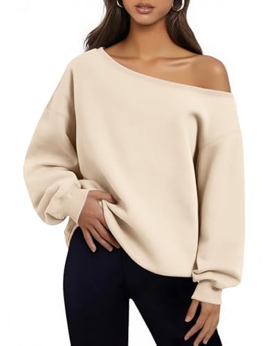 BONITEE Women Long Sleeve One Shoulder Sweatshirts Hoodies Tops Apricot S