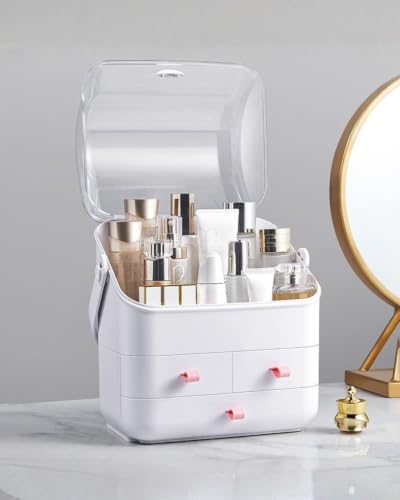 Image of LINFIDITE Cosmetic Storage Box with Lid Makeup Organizer Box with Dust Free Cover Portable Handle,Large Makeup Display Case with Drawers Fully Open Lid,Great for Dresser Bathroom Countertop