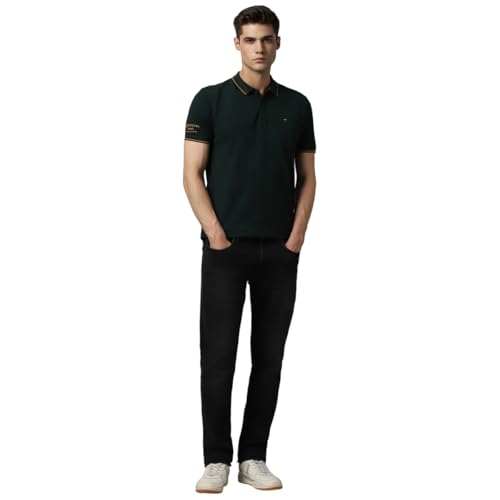 Image of Louis Philippe Men's Slim Fit Single-Tuck Pique Stylized Sleeve Print and Contrast Tipping Half Sleeve Solid Polo Tshirt