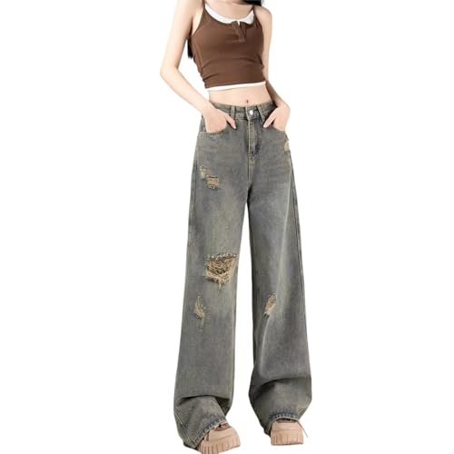 Women's Retro Ripped High Waist Straight Jeans Summer Fashion Casual with Pockets Loose Wide Leg Pants3