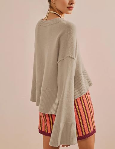 Sweaters for Women Bell Long Sleeve Crewneck Side Slit Fall Winter Casual Oversized Pullover Knit Sweater Top(0001)2