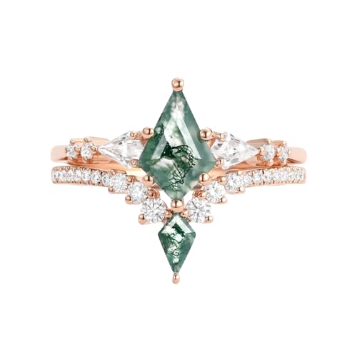 Center 1.5 Carat Kite Cut Moss Agate Wedding Ring Sets for Women 2pcs Moissanite Bridal Sets 10K 14K 18K Gold Platinum Plated Natural Moss Agate Ring