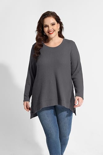 Image of RITERA Plus Size Women Sweaters Waffle Knit Pullover Top Long Sleeve Casual Crewneck Shirt Loose Split Hem Fall Winter Blouse