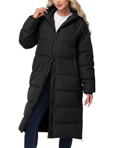 PEHMEA Women's Long Winter Puffer Jacket - Warm Longline Hooded Maxi Down Coat for Women, Black, M