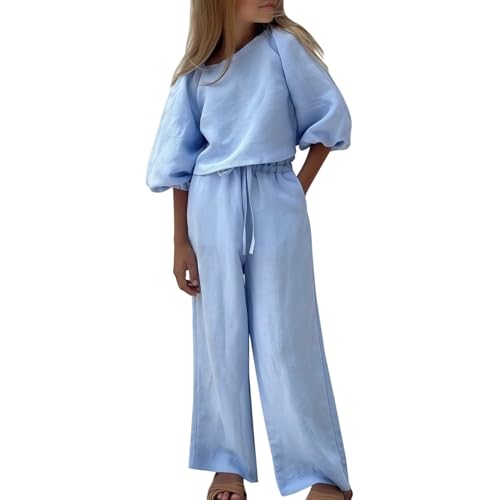 Ensemble d'été 2 pièces pour filles en coton et lin avec chemise et pantalon fluide quotidien