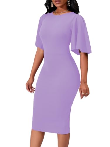 Image of Bdwinz Women's Basic Bodycon Ruffle Flared Short Sleeve Pencil Midi Dress