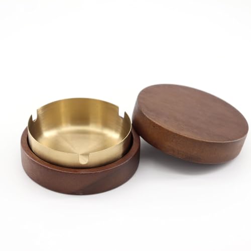 Huotflame - Posacenere con coperchio, in acciaio inox e legno di faggio, inodore, per casa, ufficio, balcone, antivento, facile da pulire, elegante design nordico, inserto dorato