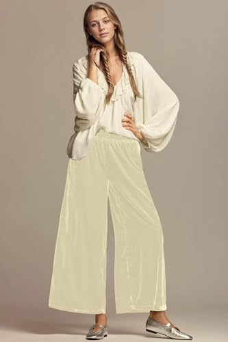Ythomm Womens Velvet Wide Leg Lounge Pants High Rise Smocked Waistband Elastic Palazzo Pants Casual Loose Fitted Y2k Trousers2
