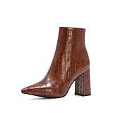 GZHMMAN Botines Botas de Tacón Alto Zapatos de Mujer Tacones de Bloque con Punta Puntiaguda Patrón de Piedra Botas Bajas Alto 9CM,Brown,36