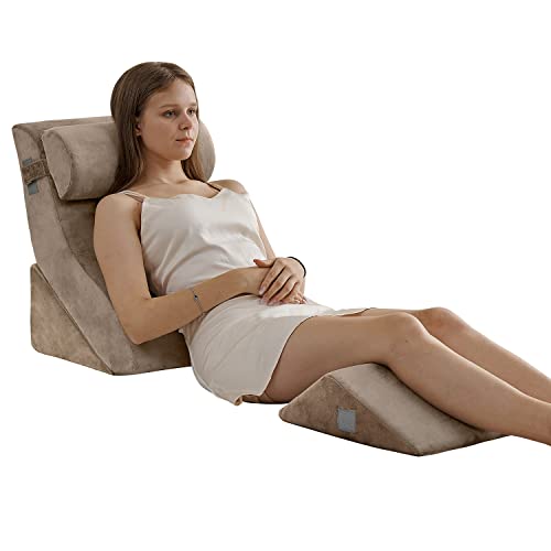 Qirroboni 4Pcs Orthopedic Bed Wedge Pillow Set, Adjustable Pillows For Neck, Back And Leg Pain Relief Comfortable & Post Surgery Foam - Heartburn, Anti Snoring, Acid Reflux & Gerd Sleeping Brown #TOP6
