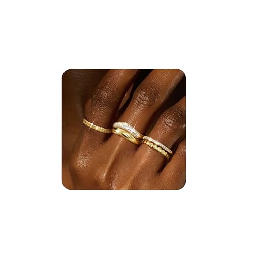 Florideco Gold Stackable Rings for Women Non Tarnish Dainty 14K Gold Plated Stacking Cubic Zirconia Thumb Ring Set Trendy Statement Chunky Band Rings Promise Engagement Rings Size 6-10
