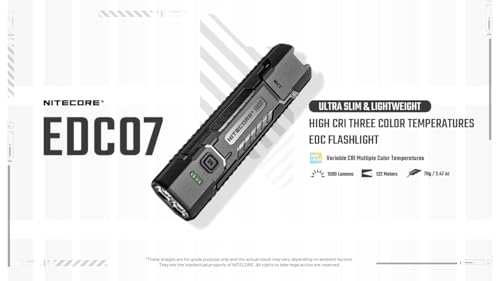 Image of Nitecore EDC07 Flat EDC Flashlight, 1500 Lumens USB-C Rechargeable, Triple Color Temperature, Lightweight 2.47 oz, IP67 Waterproof Everyday Carry Light (Black)