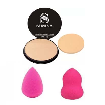 SUNISA Studio Fix Natural Shade Matte Full Coverage Compact Powder and 2 Pink Beauty Blenders - (Pack of 3)