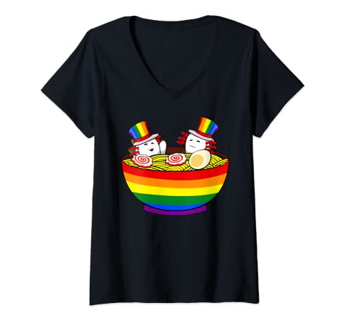 Mujer Axoltl Comer Ramen LGBT-Q Animal Rainbow Gay Pride Aliado Camiseta Cuello V