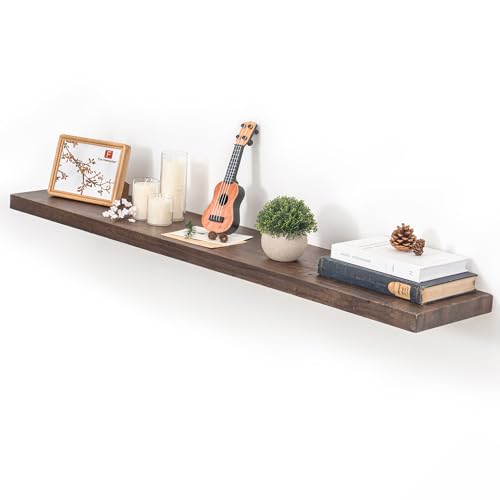 Image of Fun Memories Floating Shelves for Wall, 48 inchx9.3 inch Rustic Solid Elm Wood Wall Shelves, Heavy-Duty Mounted Shelves with Invisible Brackets for Living Room, Bedroom, Kitchen, Walnut Finish