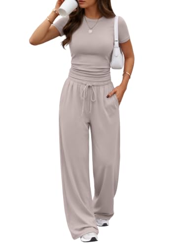 Image of Trendy Queen 2 Piece Matching Summer Lounge Set Womens Side Ruching Top Wide Leg Pants Sets with Pockets