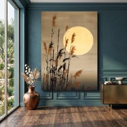 TONGYINLI Lienzos con diseño de Luna Dorada, Silueta de Hierba para Pared, Lienzo con Escena Natural, Decoración Neutral para el Hogar, Pintura Botánica (70x100cm/Marco Interno)