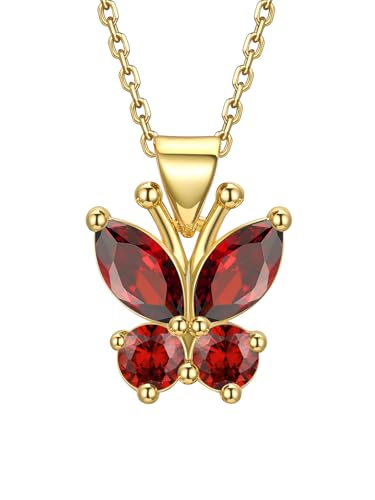 Bestyle Gold Butterfly Necklaces for Women Red Garnet January Birthstone Necklace-Small Cute Butterfly Jewelry Gift for Women on Birthday