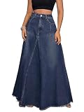 ebossy Women's Retro Distressed High Waist Frayed Hem A Line Wash Maxi Long Denim Skirt with Pockets (M, Blue)