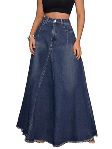 ebossy Women's Retro Distressed High Waist Frayed Hem A Line Wash Maxi Long Denim Skirt with Pockets (L, Blue)
