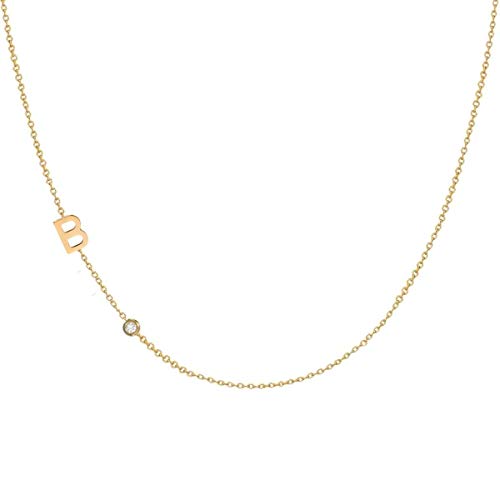 14k Gold Letter Sideways with Diamond Necklace, Real Solitaire Diamond on Chain, Initial Diamond Pendant, Personalized Multiple Charms Bridesmaid Gift for Her, Jewee Diamond