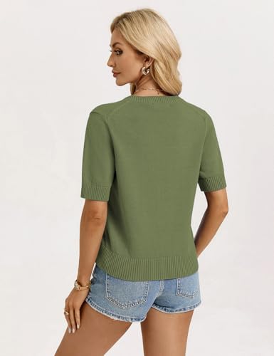GRACE KARIN Women's Summer Short Sleeve Cardigan Sweaters Lightweight Green Crew Neck Button Up Cropped Knit Sweater — view 5