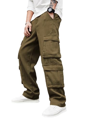 Image of Men's 8 Pocket Cargo Pants | Premium Cotton Twill Baggy Fit Trousers | Stretchable Casual Streetwear Cargos | Mid Rise