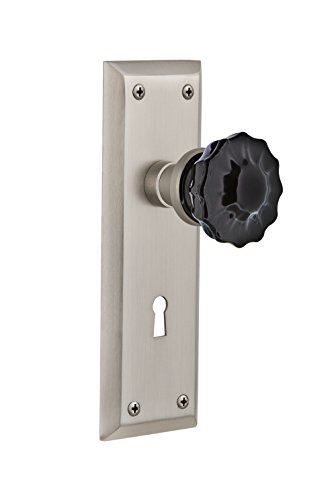 Nostalgic Warehouse 726854 New York Plate with Keyhole Passage Crystal Black Glass Door Knob in Satin Nickel, 2.75