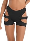 TiaoBug Damen Hotpants Sommer Shorts mit Cut-Outs und Gürtel Seitlich Sexy Reizvolle Kurze Hose Hohe Taille Hipster Panty Gogo Clubwear Schwarz D L