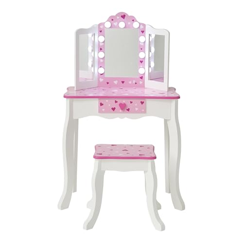 Image of Teamson Kids - Sweethearts Print Gisele Medium Vanity - White /Pink | LED Lights, Tri-Fold Mirror, Stool & Drawer, Pretend Makeup Table, Ages 3+