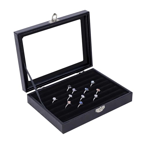 Stratalife Ring Organizer Jewelry Box Leather Jewelry Display Case with Clear Glass Top Ring Holder Gift for Women Black
