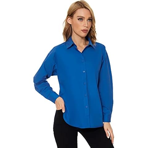 Mliyasan Women’s Button Down Shirts Long Sleeve Loose Casual Fashion Cotton Blouse, Gemstone Blue, Small Cover