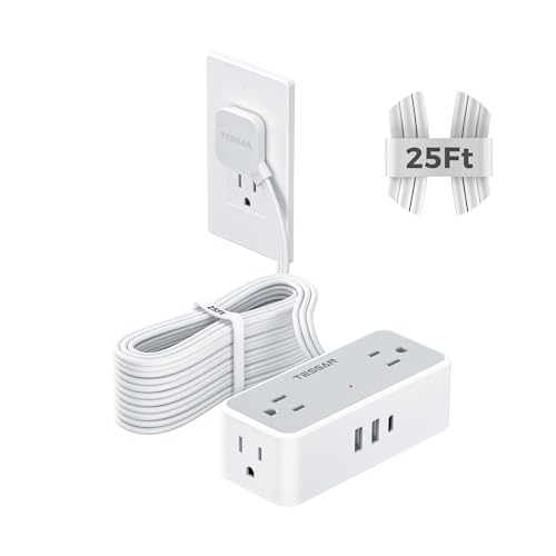 Flat Plug Extension Cord 25 ft Power Strip with USB Ports