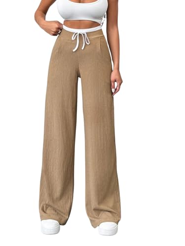 Casual Color Block Drawstring Wide Leg Pants for Women