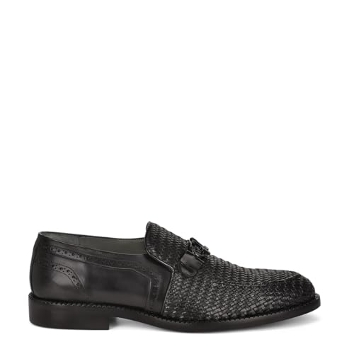 FRANCO CUADRA Men's Woven Leather Loafers, Black Formal Slip-On Moccasins with Monogram2