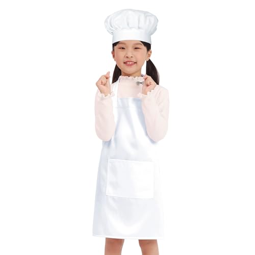 BIGHAS Kids Apron Chef Hat Adjustable Neck Strap Hook and Loop Fastener Design Waistband for Baking, Painting, Cooking ((3'11'-4'7') M, White)