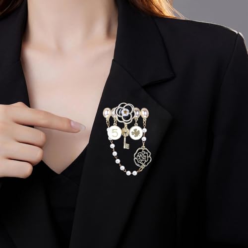 Image of Dimeho Imitation Pearl Dangle Chain Brooch Vintage Lapel Pins and Brooches for Women Four Leaf Clover Brooch