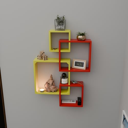 Image of ETIQUETTE ART Floating Cube Shelves - Intersecting Wall Mounted Shelves - Wall Decor Square Shelves for Bedrooms, Living Rooms & More - Set of 4 Box Shelves (Red & Yellow)
