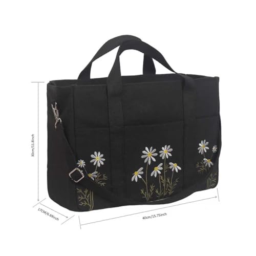 Canvas Tote Bag for Women, Daisy Embroideried Multi-Pockets Beach Grocery Bag for Work Travel Gym4
