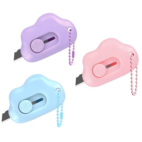 Muclip Cloud Shaped Retractable Box Cutter Set - 3 Pack with Key Rings Stainless Steel Blade Safe & Portable Letter Opener for Envelopes Package Mail DIY Paper Cutter for Home Office Outdoor (3 Color)