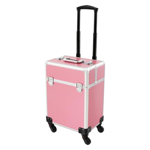 Maletín de maquillaje con ruedas, ruedas extraíbles, marco de aluminio, 3 en 1, maletín de maquillaje, con cerradura, estuche de belleza para maquilladores, viajes, 34 x 24 x 47 cm, color rosa