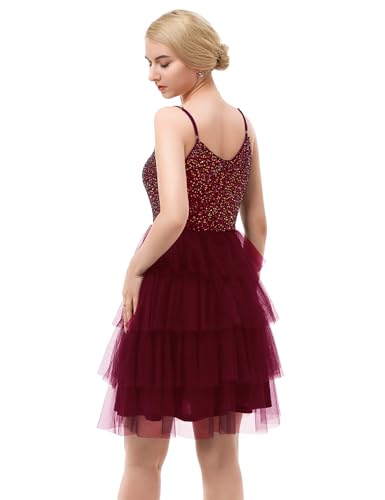 Image of Dressystar 2026 Women's Tiered Sparkly Sequin Glitter Formal Prom Dress Mini Spaghetti Strap Tulle Cocktail Party Dresses