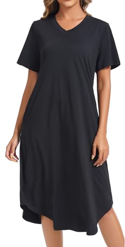 Image of Kabento Nightgowns for Women Cotton Short Sleeve Long Night Gowns with Pockets