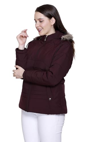 Image of Winter Puffer Jacket with Faux Fur Hood, Quilted, Full Zip, Burgundy