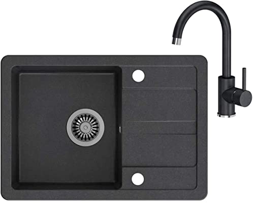 VBChome Évier avec mitigeur - Noir - 62 x 44 cm - En granit - Avec bac d'évacuation - Réversible - Avec siphon Cover