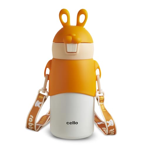 Image of Cello Bunny Kids Stainless Steel Flask 500ml, Orange | Double Walled Vacuum Insulated Technology | One Click Push Button to Open | Ideal for School, Sports, Picnics
