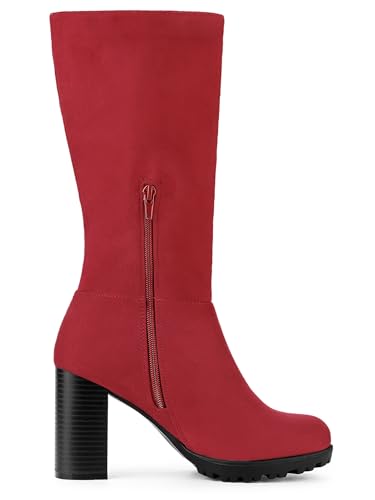 Allegra K Allegra K Women's Mid Calf Block Heel Red Boots 7 M US